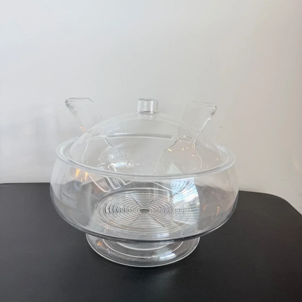 Clear Acrylic Salad Bowl On Ice Pedestal Lid Serving Utensils Chilled Server